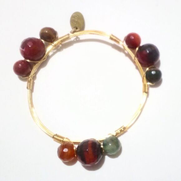 Signed GS Faceted Agate Beaded Gold Tone Wire Work Bangle Bracelet - Picture 3 of 4